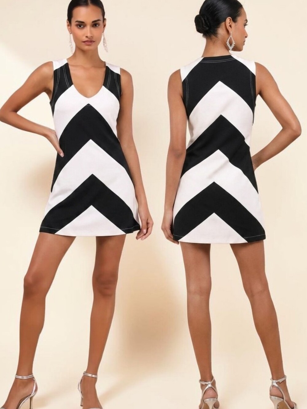 KARTA Vintage Black & White Chevron Mini Dress - Size M